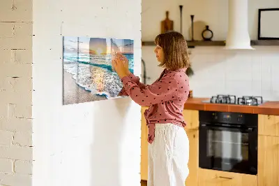 Magnetic wall board with a beach, sea, and sand print