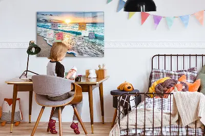 Magnetic wall board with a beach, sea, and sand print