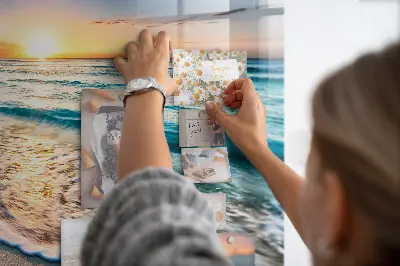 Magnetic wall board with a beach, sea, and sand print