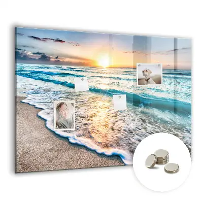 Magnetic wall board with a beach, sea, and sand print