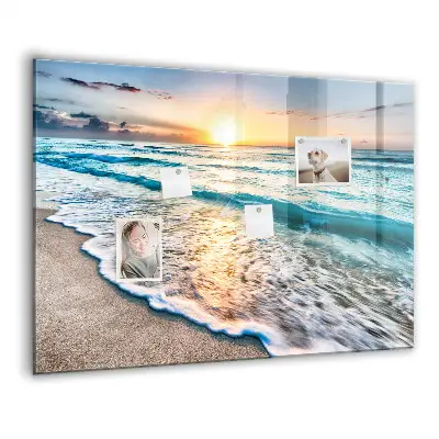 Magnetic wall board with a beach, sea, and sand print
