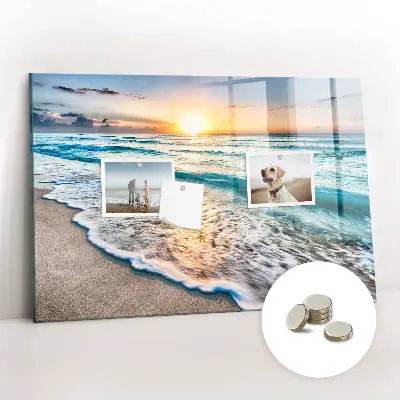 Magnetic wall board with a beach, sea, and sand print
