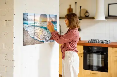 Magnetic wall board with a beach, sea, and sand print