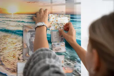 Magnetic wall board with a beach, sea, and sand print