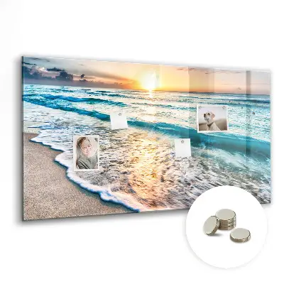 Magnetic wall board with a beach, sea, and sand print