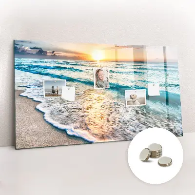 Magnetic wall board with a beach, sea, and sand print