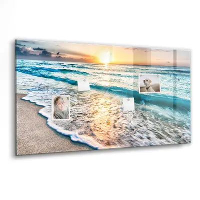 Magnetic wall board with a beach, sea, and sand print