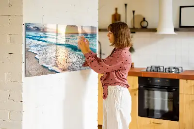 Magnetic wall board with a beach, sea, and sand print