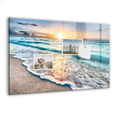 Magnetic wall board with a beach, sea, and sand print
