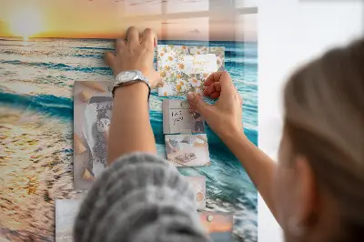 Magnetic wall board with a beach, sea, and sand print