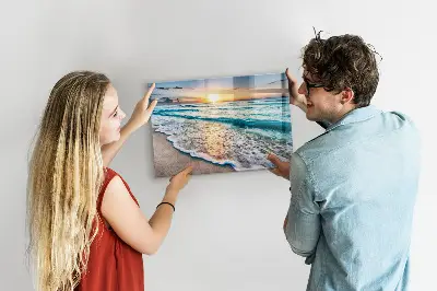 Magnetic wall board with a beach, sea, and sand print
