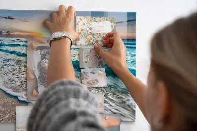 Magnetic wall board with a beach, sea, and sand print
