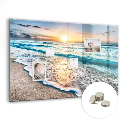 Magnetic wall board with a beach, sea, and sand print
