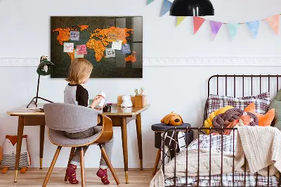 Magnetic glass dry erase board with world map design
