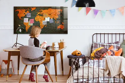 Magnetic glass dry erase board with world map design