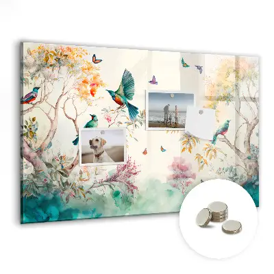 Magnetic glass dry erase board featuring a floral bird and nature design