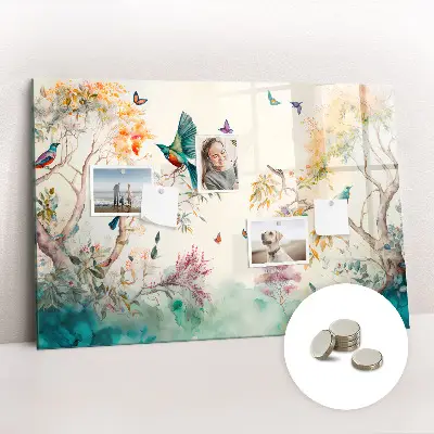 Magnetic glass dry erase board featuring a floral bird and nature design