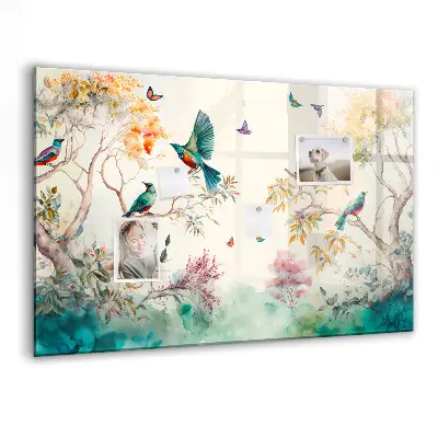 Magnetic glass dry erase board featuring a floral bird and nature design