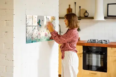 Magnetic glass dry erase board featuring a floral bird and nature design