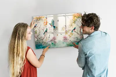 Magnetic glass dry erase board featuring a floral bird and nature design