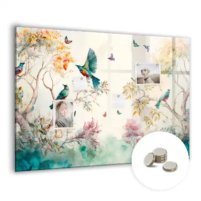 Magnetic glass dry erase board featuring a floral bird and nature design