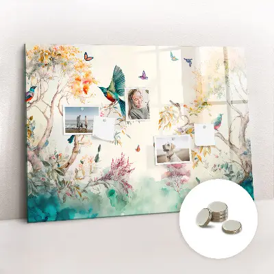 Magnetic glass dry erase board featuring a floral bird and nature design