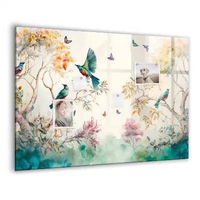 Magnetic glass dry erase board featuring a floral bird and nature design