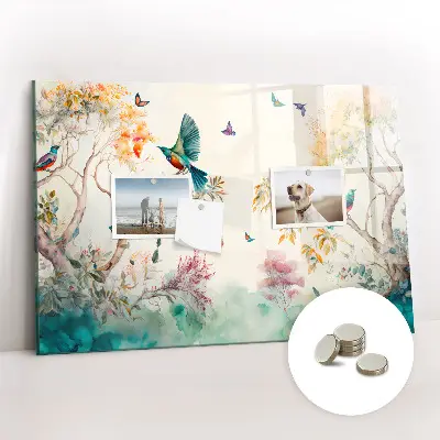 Magnetic glass dry erase board featuring a floral bird and nature design