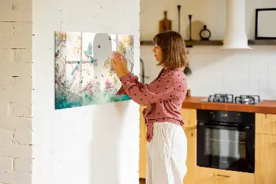 Magnetic glass dry erase board featuring a floral bird and nature design