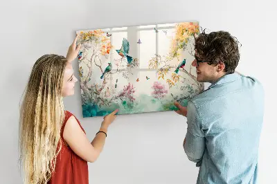 Magnetic glass dry erase board featuring a floral bird and nature design