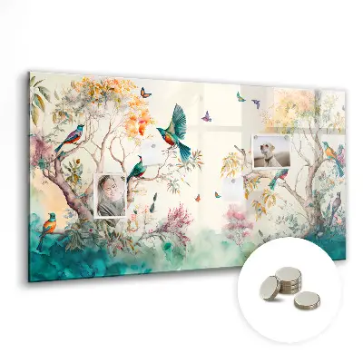 Magnetic glass dry erase board featuring a floral bird and nature design
