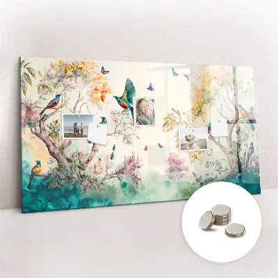 Magnetic glass dry erase board featuring a floral bird and nature design