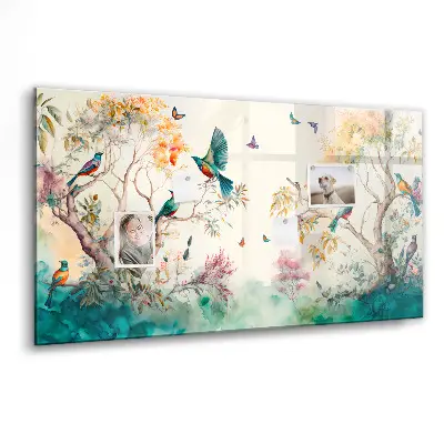Magnetic glass dry erase board featuring a floral bird and nature design