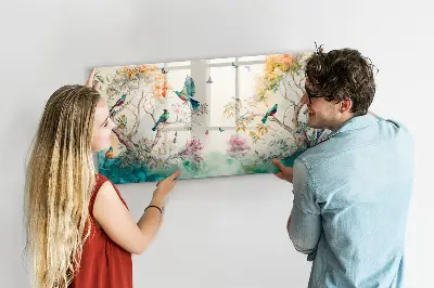 Magnetic glass dry erase board featuring a floral bird and nature design