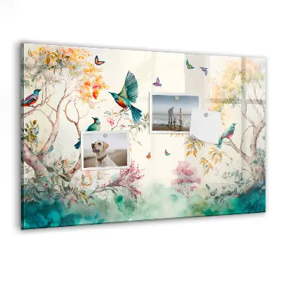 Magnetic glass dry erase board featuring a floral bird and nature design