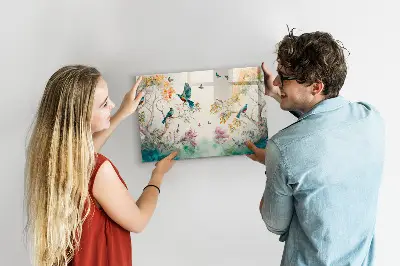 Magnetic glass dry erase board featuring a floral bird and nature design