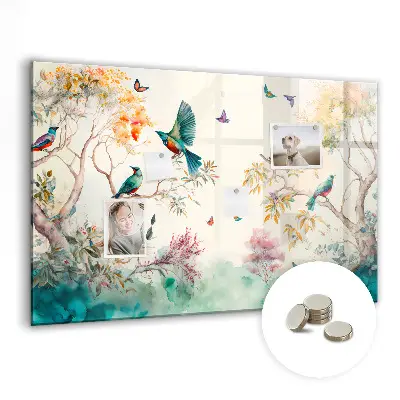 Magnetic glass dry erase board featuring a floral bird and nature design