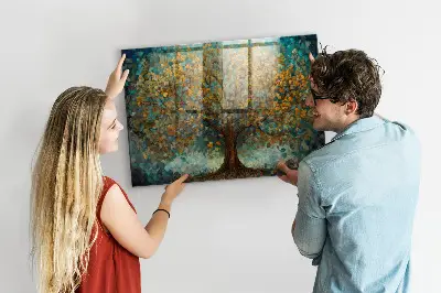 Magnetic glass dry erase board with Mosaic tree design