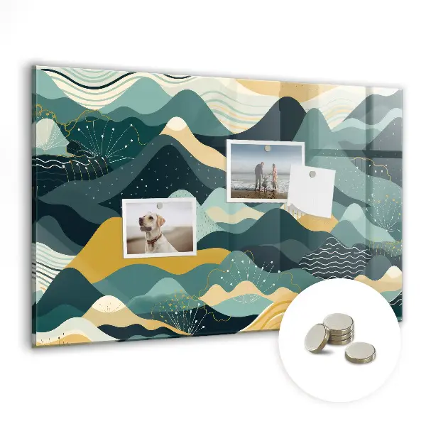 Magnetic wall board with illustrative mountains design