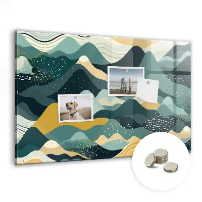 Magnetic wall board with illustrative mountains design