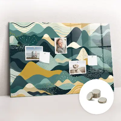 Magnetic wall board with illustrative mountains design