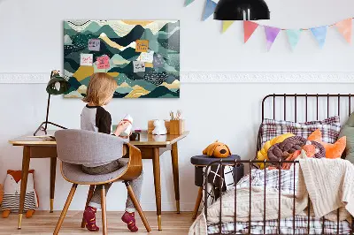 Magnetic wall board with illustrative mountains design