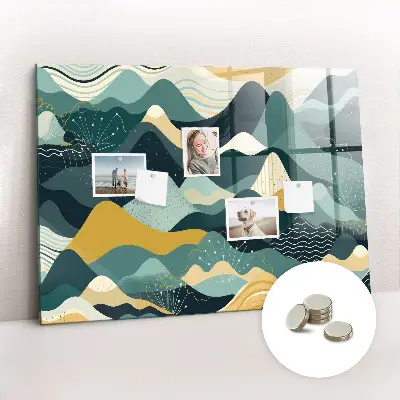 Magnetic wall board with illustrative mountains design