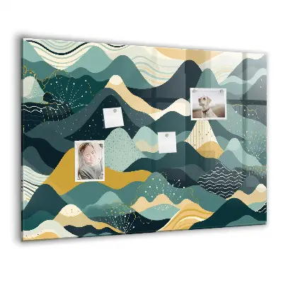 Magnetic wall board with illustrative mountains design