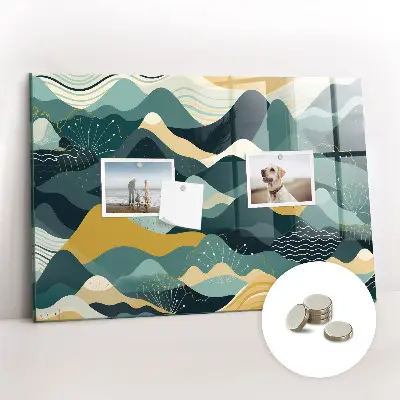 Magnetic wall board with illustrative mountains design