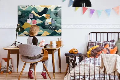 Magnetic wall board with illustrative mountains design