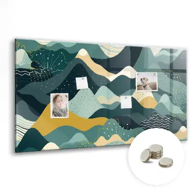Magnetic wall board with illustrative mountains design
