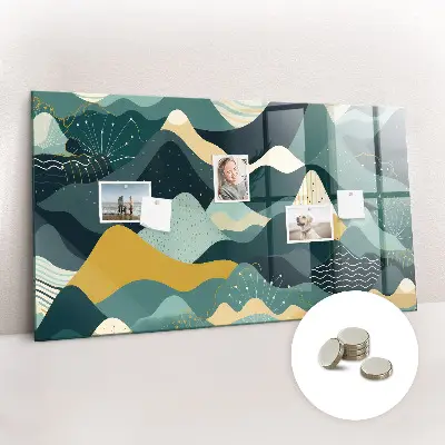 Magnetic wall board with illustrative mountains design