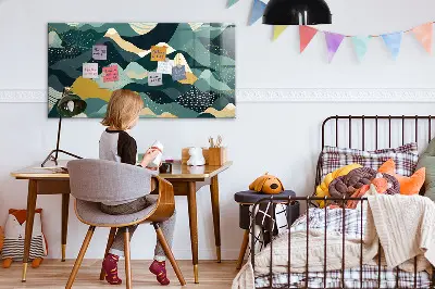 Magnetic wall board with illustrative mountains design