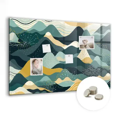 Magnetic wall board with illustrative mountains design